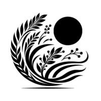 Artistic black and white circular floral featuring a black circle and various leafy elements in silhouette, illustrative of natures elegance. vector