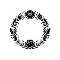 Elegant black and white circular illustration featuring culinary symbols fork, fruit slice, spoon, and floral elements framing empty center. vector