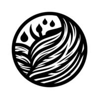 Symbolic black and white circular icon water droplets over stylized plant growth and foliage, enclosed by bold outline. vector