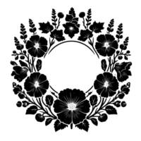 Elegant black and white floral wreath with empty circle center, decorative flower and leaf border on white backdrop vector