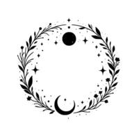 Celestial botanical wreath a minimalist black and white featuring a crescent moon, full moon, stars, leaves, and floral elements arranged in a circular frame. vector