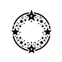 Circular starburst featuring four large stars and surrounding smaller star patterns, all in black on a white background, a minimalist design. vector
