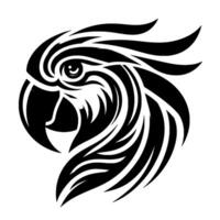 Striking black and white illustration of a parrot head, featuring bold lines and geometric forms on a clean white background. vector