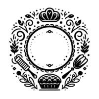 Circular black and white bakery illustration with decorative elements, crown, pie, and baking tools, for invitation or logo. vector