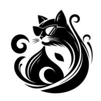 A stylized black cat with sunglasses and a yinyang inspired design, composed of flowing lines and curls. vector