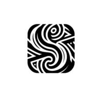 A symmetrical, roundedcorner square displaying an intricate black and white tribal pattern with swirling lines and geometric elements, casting a subtle shadow. vector