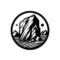 Black and white circular depicting a mountain range with peaks and valleys, contrasted against a wavy landscape, and a circular frame. vector