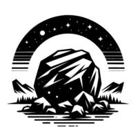 Cosmic rock formation with stellar arch a black and white mountainous landscape under a celestial display. vector