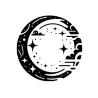 Celestial crescent stylized black and white of a moon with stars, clouds, and a night sky aesthetic, forming a cosmic emblem on white background. vector