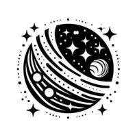 Cosmic yinyang black and white illustration of celestial bodies, stars, and abstract planets. vector