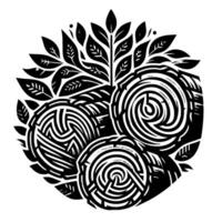 Artistic, monochrome botanical composition featuring three stylized, spiralpatterned flower heads and surrounding foliage, on white background. vector
