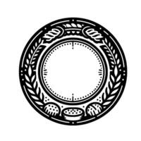 Intricate black and white circular design, featuring botanical elements like leaves, dots, and lines, with a central open space and a detailed border. vector