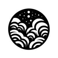 A minimalist, circular black and white artwork depicting stylized ocean waves and bubbles. vector