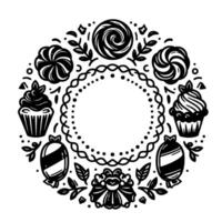 Elegant black and white circular frame featuring sweets, cupcakes, floral elements and a dotted border with empty center. vector