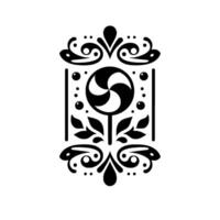 Intricate blackandwhite ornamental illustration featuring a stylized lollipop surrounded by decorative floral and swirling elements in a rectangular frame on a white background. vector