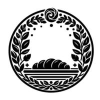 Elegant black and white circular illustration a croissant and laurel wreath embellishment surrounded by floral details and a top swirl, perfect for branding. vector