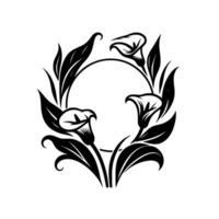 Elegant black and white floral emblem featuring a circular frame adorned with calla lilies and leaves. vector