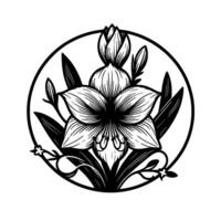 Intricate black and white floral illustration within a circular frame, featuring a detailed blossom and foliage. vector