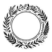 Elegant black and white botanical wreath illustration, floral with circular frame, leaves, sprigs, and dots, perfect for invitation or logo. vector