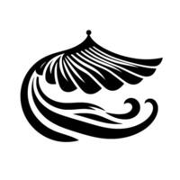 A minimalist, stylized black and white illustration of a curved architectural element with a pagodalike roof and flowing, ornate lines, set against a white backdrop. vector