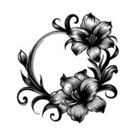 Exquisite black and white floral wreath elegant line art featuring two amaryllis, surrounding a circular frame. vector