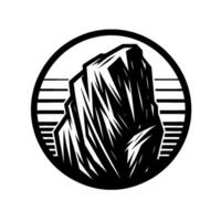 Black and white linocut illustration of a rugged mountain peak within a circular frame featuring horizontal lines, minimalist design. vector