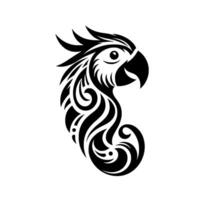 Black and white polynesianinspired parrot icon, curvilinear with feathers and swirls, symbolic artwork on white vector