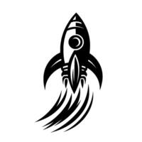 A bold black and white stylized rocket launching upwards with flames trailing, set against a stark white background. vector