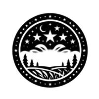 A stylized black and white circular crest featuring a night landscape with stars, moon, trees and burst. vector