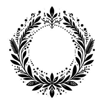 Ornate black botanical wreath on white background, featuring leaves, berries, and floral elements, creating a circular frame for text or imagery. vector