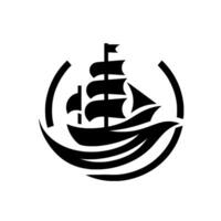 Bold monochrome logo a sailing ship depicted within a circular frame, emphasizing waves and nautical design. vector