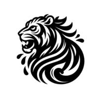 Fierce black and white tiger head with striking striped pattern, flowing mane, aggressive expression, and decorative water droplets. vector