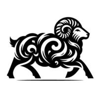 Black and white stylized ram silhouette, intricate swirl pattern, side profile, isolated on white background. vector