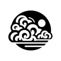 Black and white circular illustration of swirling clouds, moon, and horizon, in a minimalist style vector