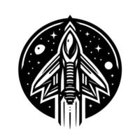 Bold black and white stylized rocket ship in space, encircled by planets and stars, modern emblem vector
