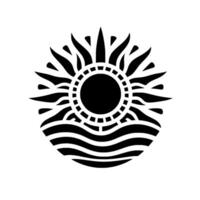 Stylized black and white sun over undulating waves, artistic stencil evoking warmth and serenity. vector