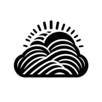 Black and white stylized illustration of a cloud, mountains, and sun with a geometric and minimalist vector