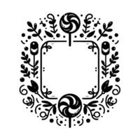 Whimsical black and white decorative frame with lollipops, foliage, and abstract floral accents, perfect for invitations or announcements. vector