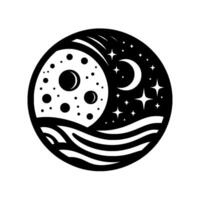 Celestial circle a black and white depiction of a cosmos, featuring a textured lunar surface, a crescent moon, and twinkling stars, with stylized ocean waves at its base. vector