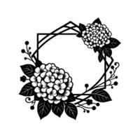 Black and white floral with hydrangeas, leaves, and berries within geometric frame. vector