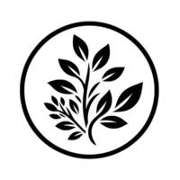 Stylized black and white plant icon a branch with leaves encased in a simple circular frame, nature symbol vector