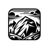 A graphic, squareframed monochrome illustration featuring a stylized mountain range with trees, clouds, and a textured sky. vector