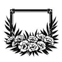Elegant black and white floral design, featuring carnations and leaves framing a minimalist rectangle, creating a and stylized composition. vector