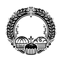 Black and white circular bakery design leafy wreath frame with cupcakes, simple style. vector