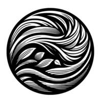 Circular black and white artistic illustration flowing lines and leaf elements in a stylized within a geometric frame. vector