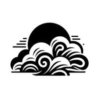 Minimalist black and white illustration stylized sunset behind cloudscape with serpentine water elements vector