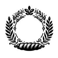 Ornate, monochrome wreath featuring laurel leaves and a breadlike scroll at the base, perfect for frames or logos. vector