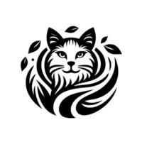 Stylized black and white cat face surrounded by decorative swirls and leaf accents, circular composition. vector