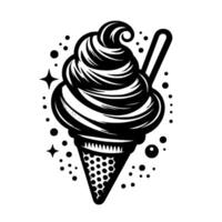 Stylized monochrome ice cream cone with swirled soft serve, sprinkles, and starbursts, illustration. vector