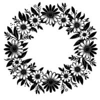 Monochrome floral wreath illustration featuring daisies, leaves, and sprigs, arranged in a circular composition, on a white background. vector
